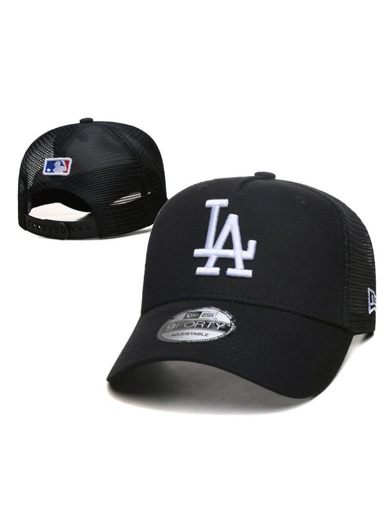 Black Mesh Cap with Classic LA Embroidery Logo, Breathable Trendy Baseball Cap